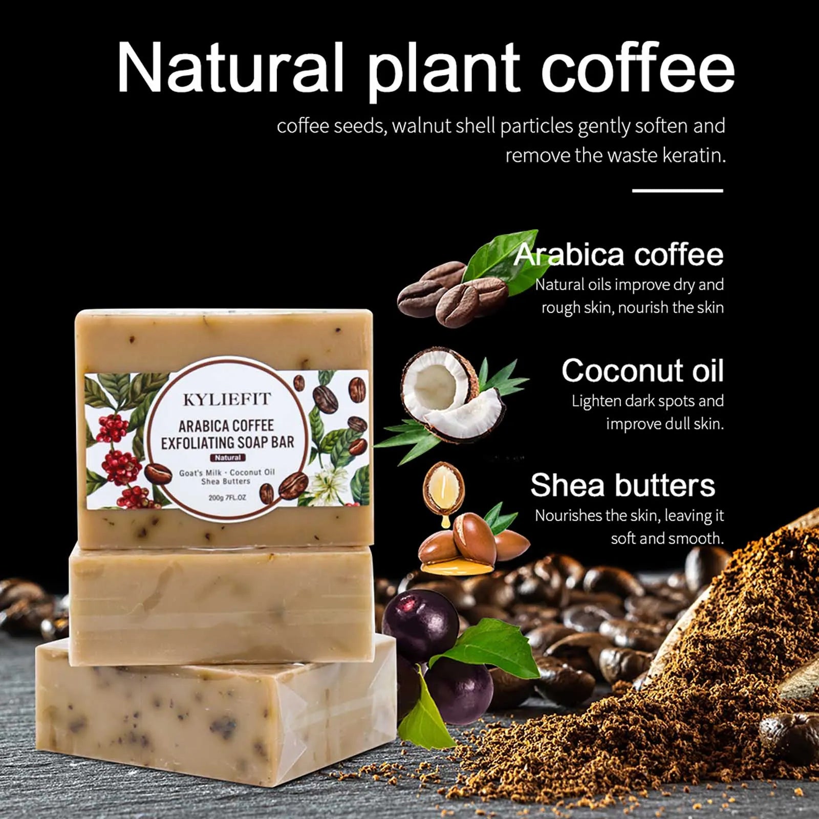 Arabica Coffee Exfoliating Soap, Whitening, Clean Skin, Reduce Dark Spots, Enriched with Coconut Oil, Shea Butter, 200g/7 oz