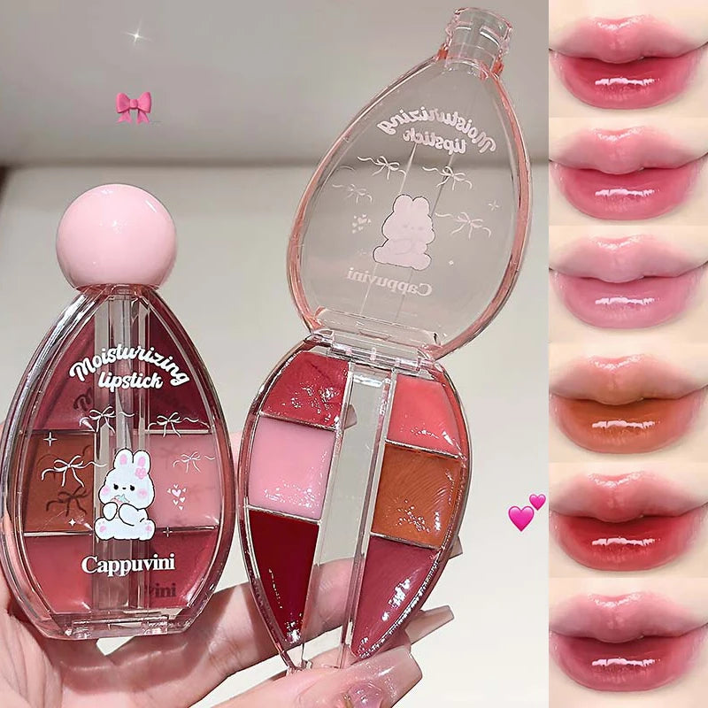 Six-color Strawberry Mirror Jelly Lipstick Palette Juicy Pink Solid Lip Gloss Set Moisturizing Lip Oil Tint with Silicone Brush