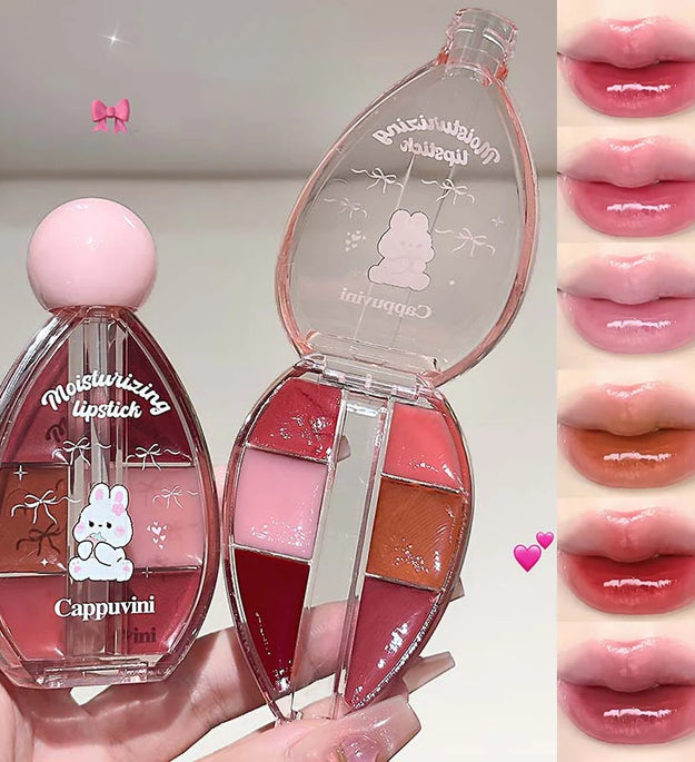 Six-color Strawberry Mirror Jelly Lipstick Palette Juicy Pink Solid Lip Gloss Set Moisturizing Lip Oil Tint with Silicone Brush