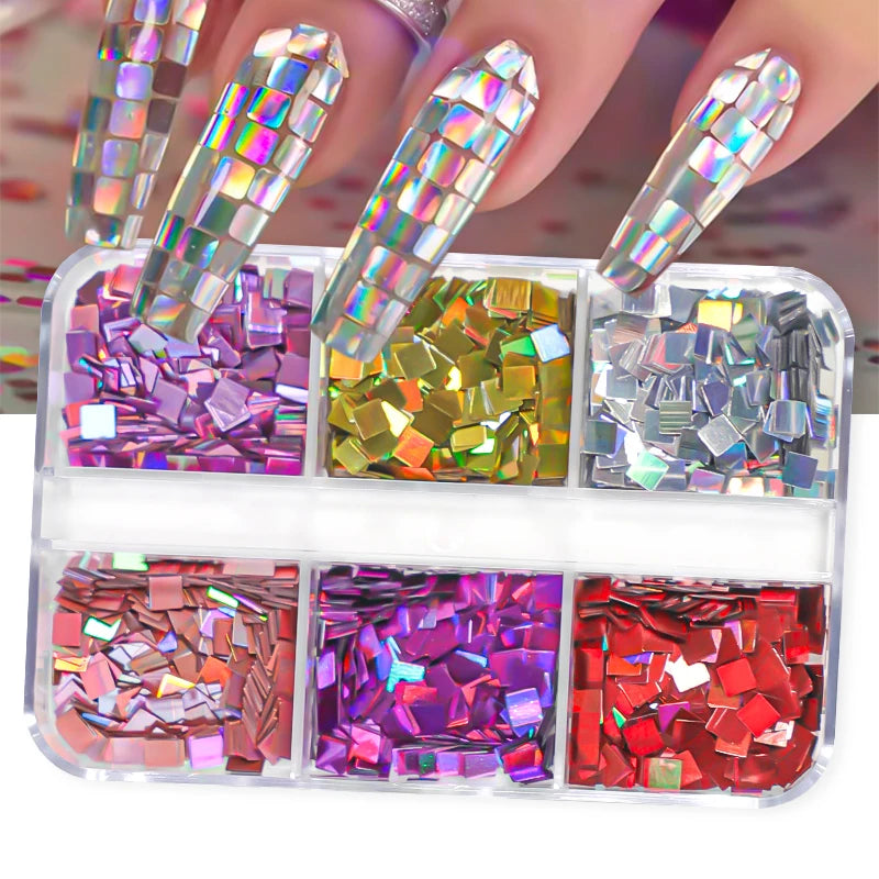 6Grids Holographic Square Nail Art Glitter Sequins Laser Ball Decoration Flakes Manicure Nails Supplies Professional Accessories