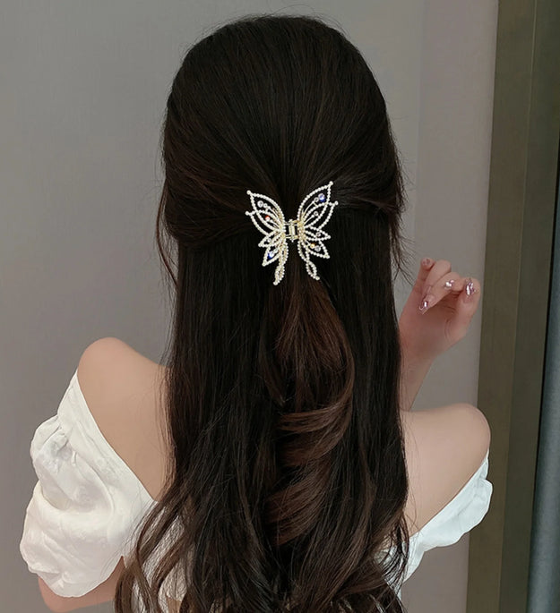 1pc Medium Hair Claw Clip, Non Slip Hair Clamp Butterfly Style Rhinestone Pearl Decor Barrettes For Thin Thick Hair
