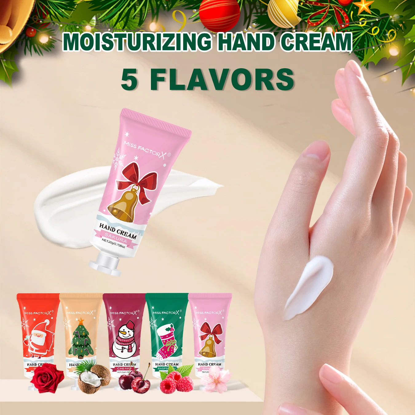 Christmas assembly gift set -5 sets, including balm, hand cream, lipstick, red gauze bag, Christmas tree thank you card