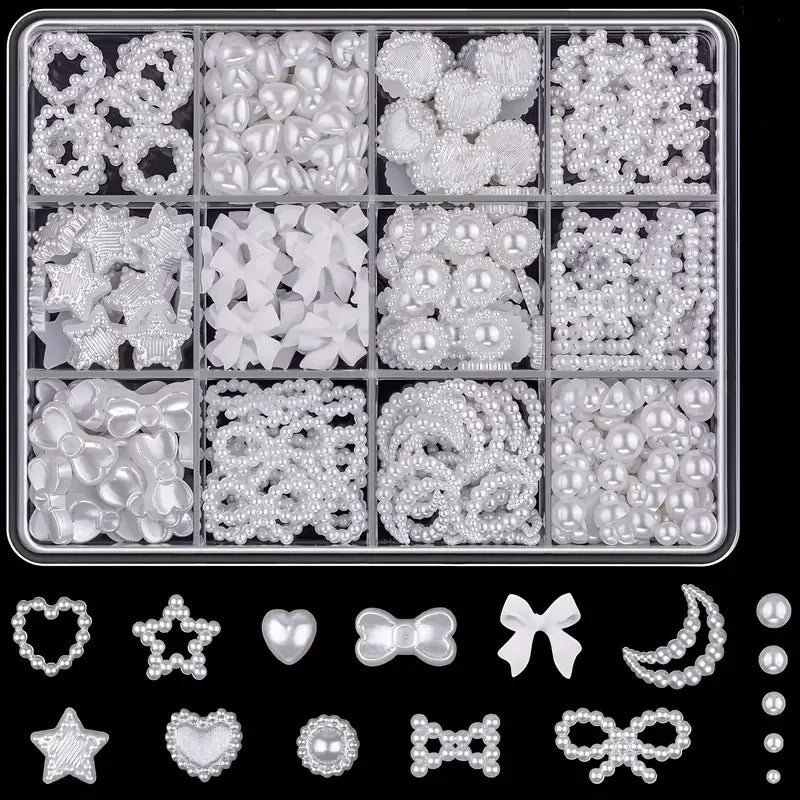 6/7/12 grids 3D Nail Charms and Pearls  Bows Charm Pink&White Star Heart Moon Cute Nail Jewels for Nail Art DIY Decorations