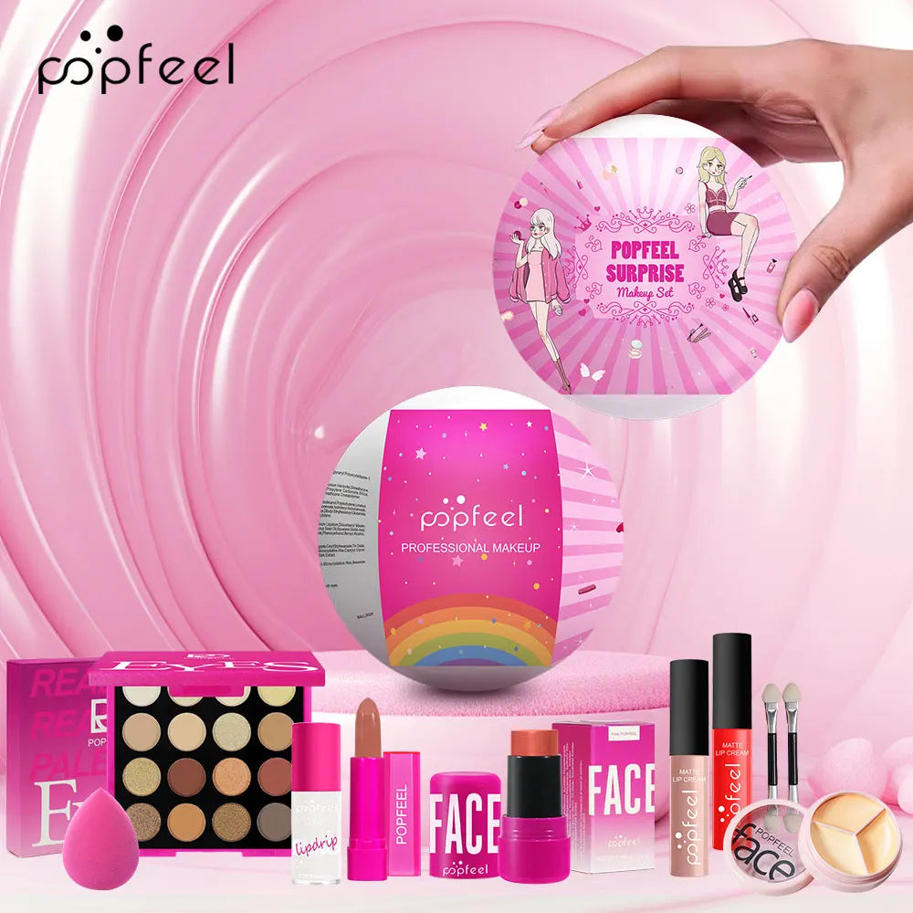 POPFEEL Surprise Makeup Ball Set - 9-Piece Makeup Kit with Eyeshadows and Lipsticks, Perfect Pink Gift for Girls,Ideal Christmas
