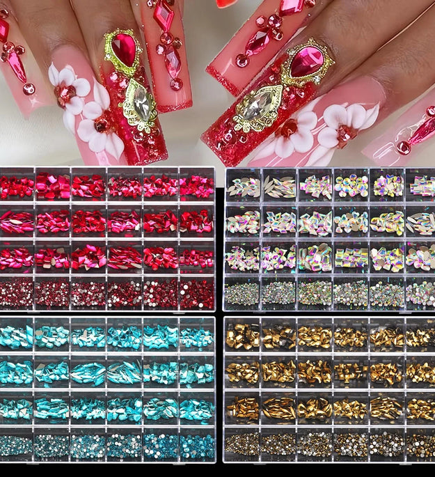1 box of multi -shaped 3D nail diamond kits -24 AB crystal gem grids, flat -bottom nail art accessories multi -style nail suppli