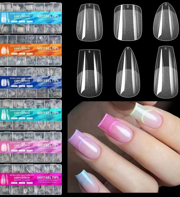600pcs Soft Gel Nail Tips, Half Matte Clear Acrylic Nail Tips Pre-shaped False Nail Tips For Nail Extension Manicure Tools