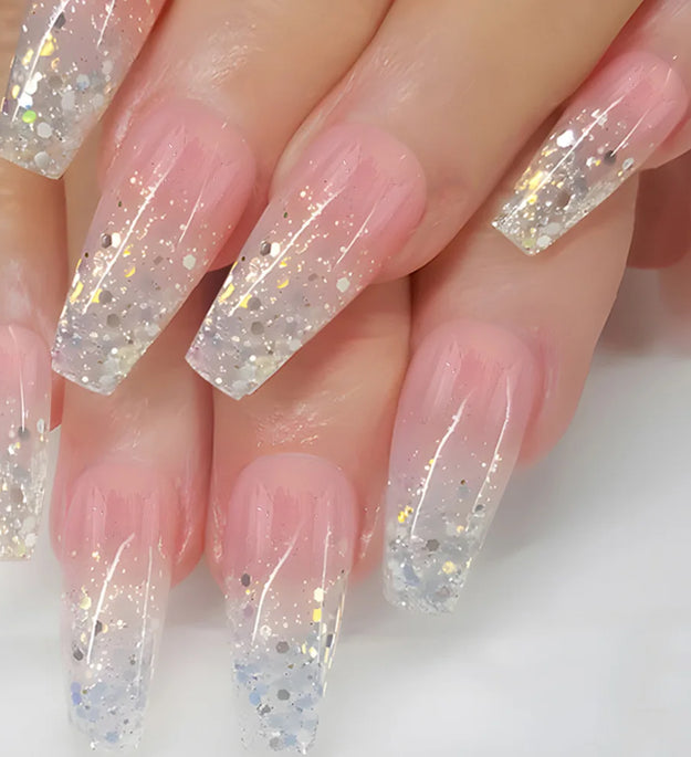 24pcs Golden Stripe Press on Nails Shiny Powder Love Design Long Square False Nails Wearable Full Cover Nail Tips Blue Fake Nail