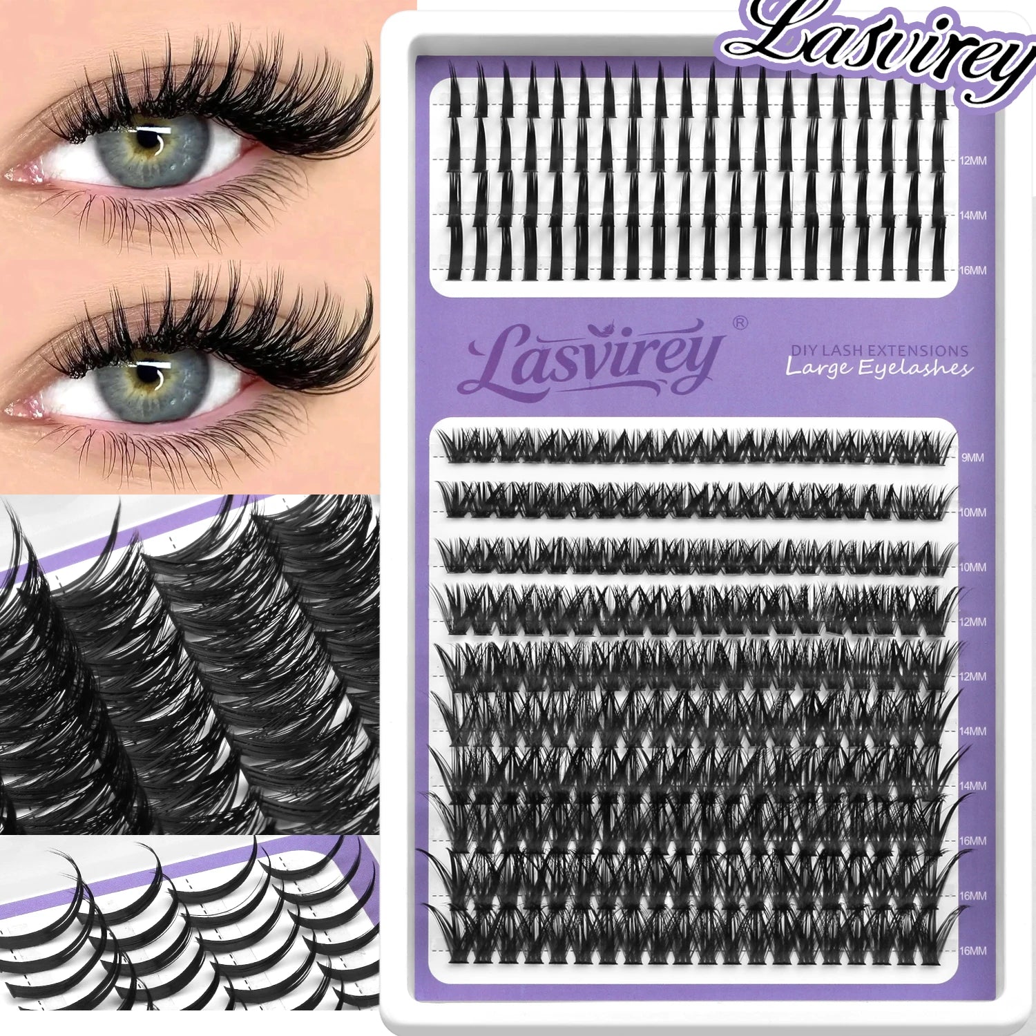 LASVIREY Fluffy Lash Clusters DIY Spiky Cluster Lashes Mixed Tray Individual Lashes Extension Natural Thick Faux Mink Lashes