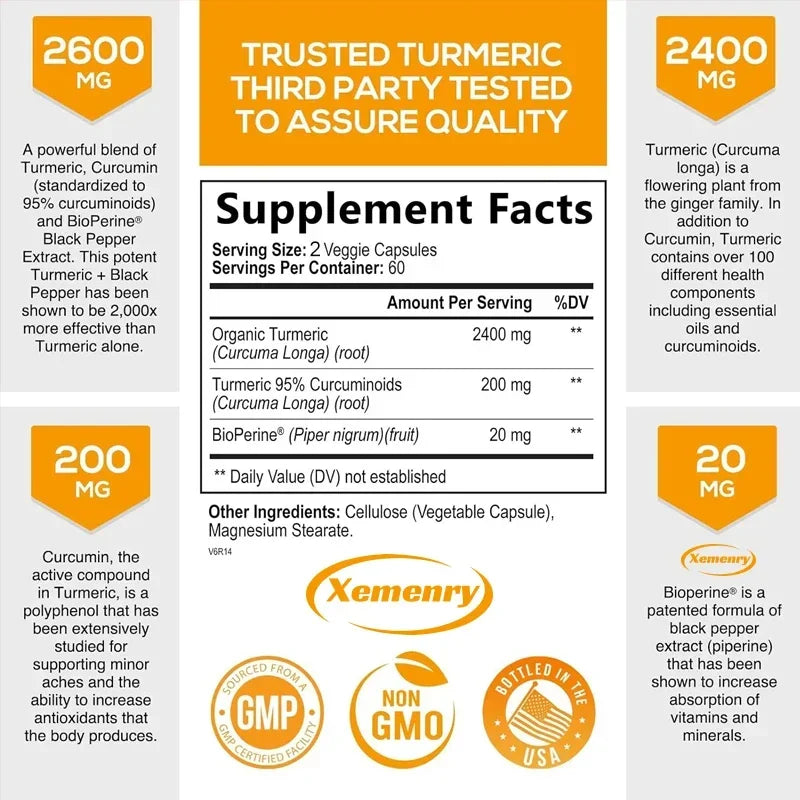 Turmeric Curcumin Capsules Supplement, with BioPerine Black Pepper Extract, for Joint, Digestive & Immune Support