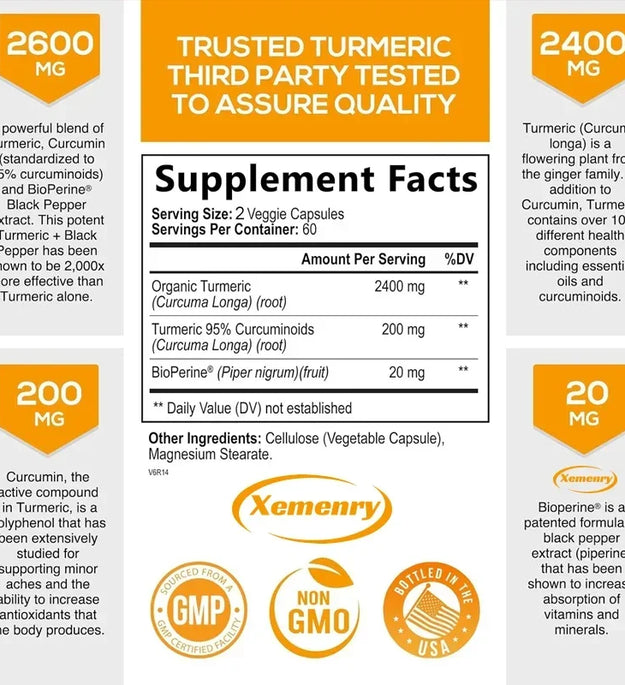 Turmeric Curcumin Capsules Supplement, with BioPerine Black Pepper Extract, for Joint, Digestive & Immune Support