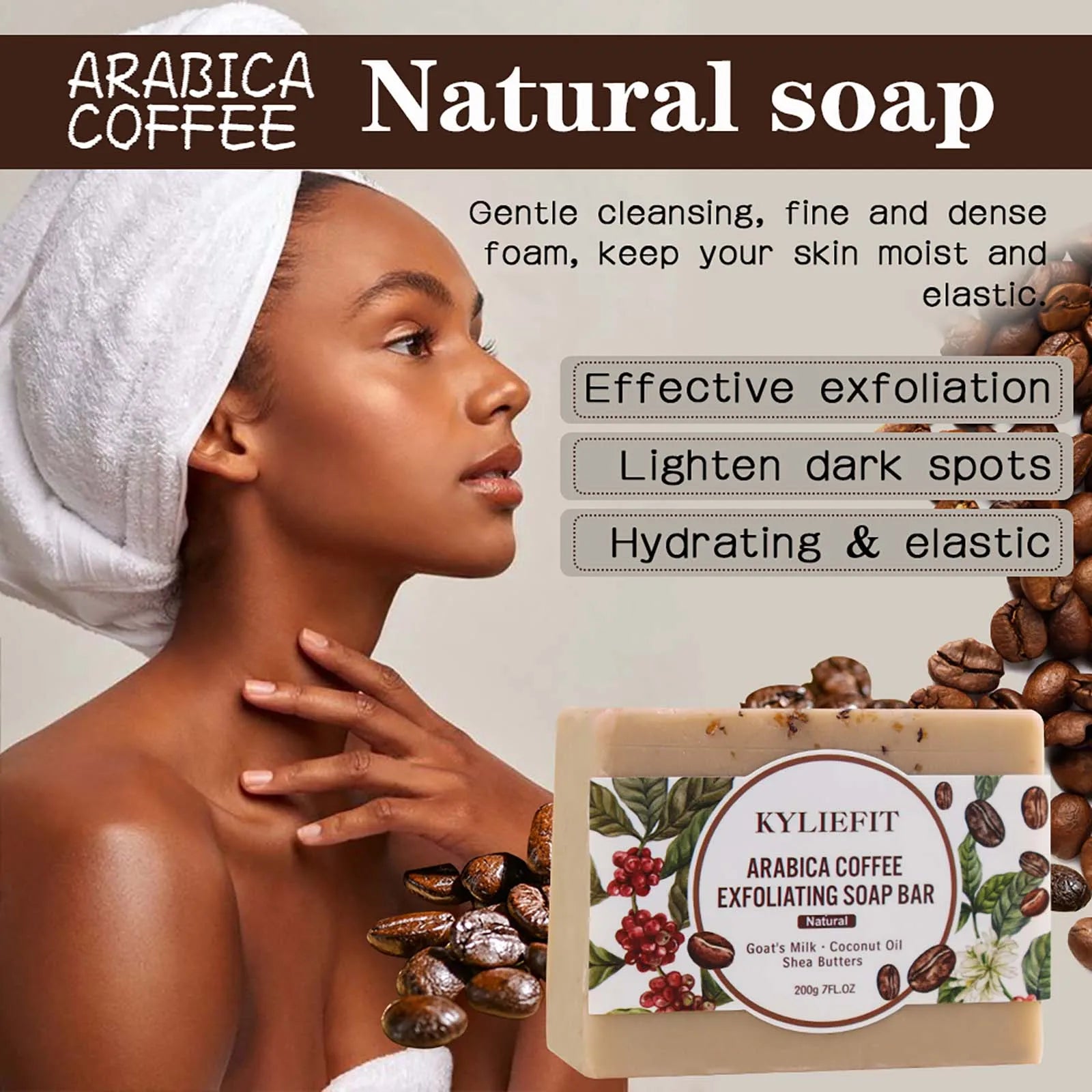 Arabica Coffee Exfoliating Soap, Whitening, Clean Skin, Reduce Dark Spots, Enriched with Coconut Oil, Shea Butter, 200g/7 oz