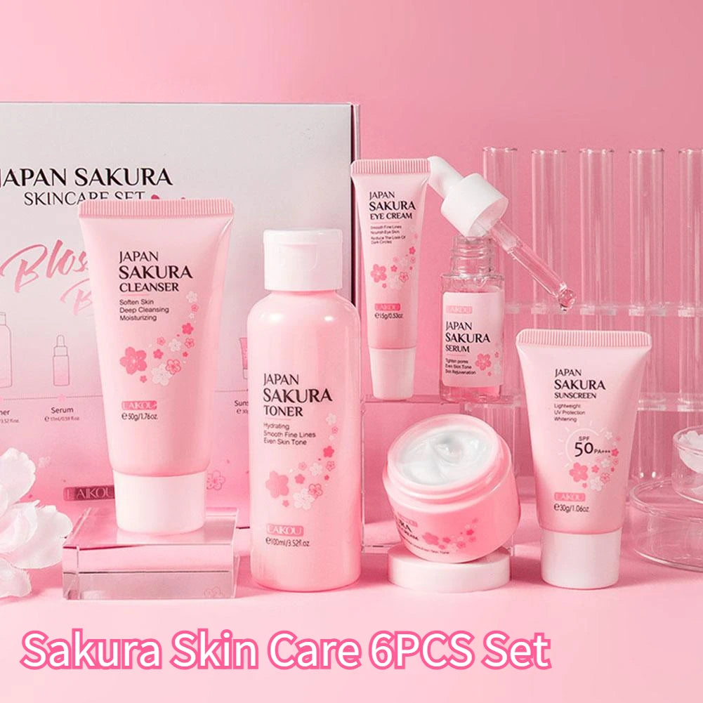 6pcs/Set Sakura Skin Care Sets Face Cream Serum Toner Facial Cleanser Sunscreen Eye Cream Face Skin Care Set Product Gift box - BlissFully