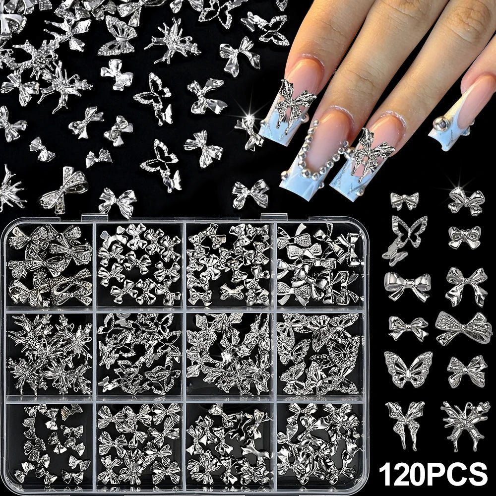 120pcs/box 3D Gold Bow Butterfly Nail Metal Charms Shiny Cute Bowtie/Diamond Star Nail Jewelry 120 Luxury Nail Art Supplies #RE4