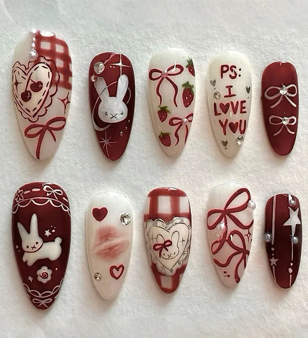 24PCS Wine Red Almond Press on Nails Cartoon Rabbit Bowknot with Plaid Pearl Designs French Fake Nails for Girls Detachable Nail
