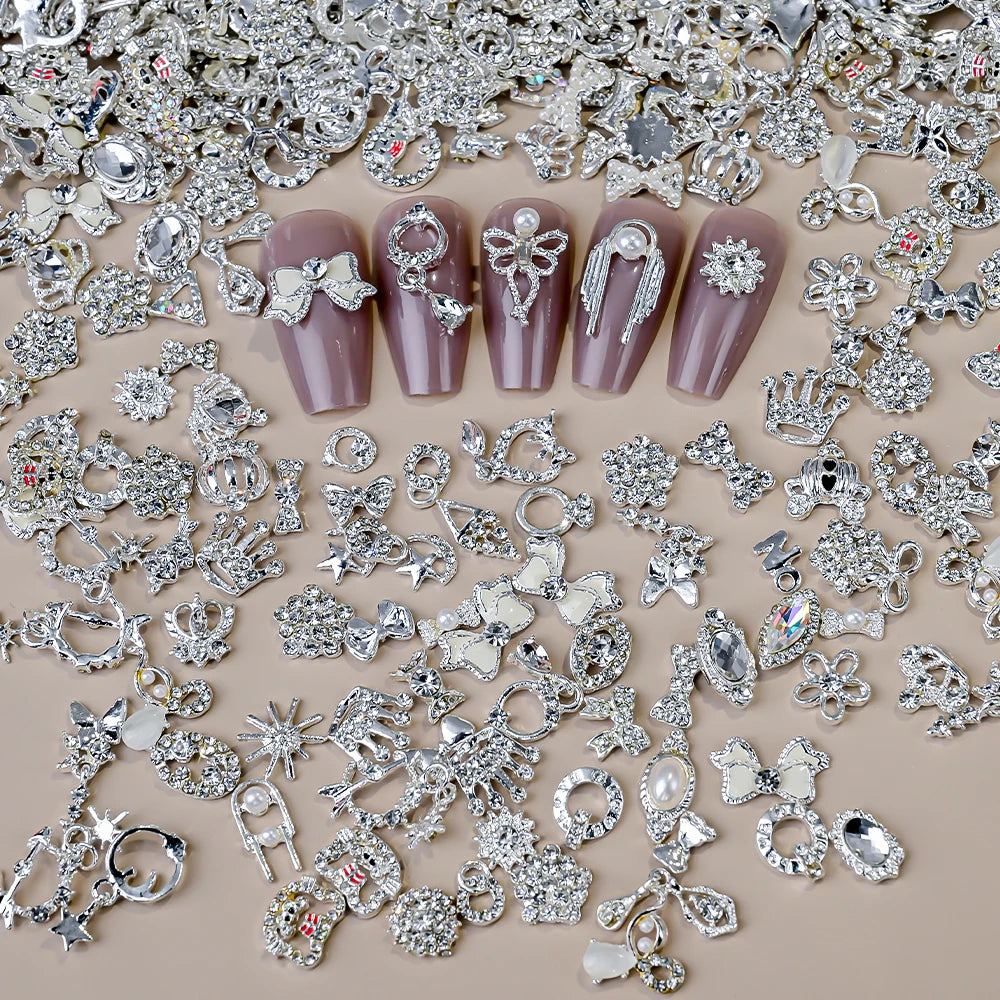 50Pcs 3D Silver Bowknot/Crown Metal Nail Charms With Tassel Pendant Butterfly Nail Art Decoration Mixed Shiny Manicure Supplies