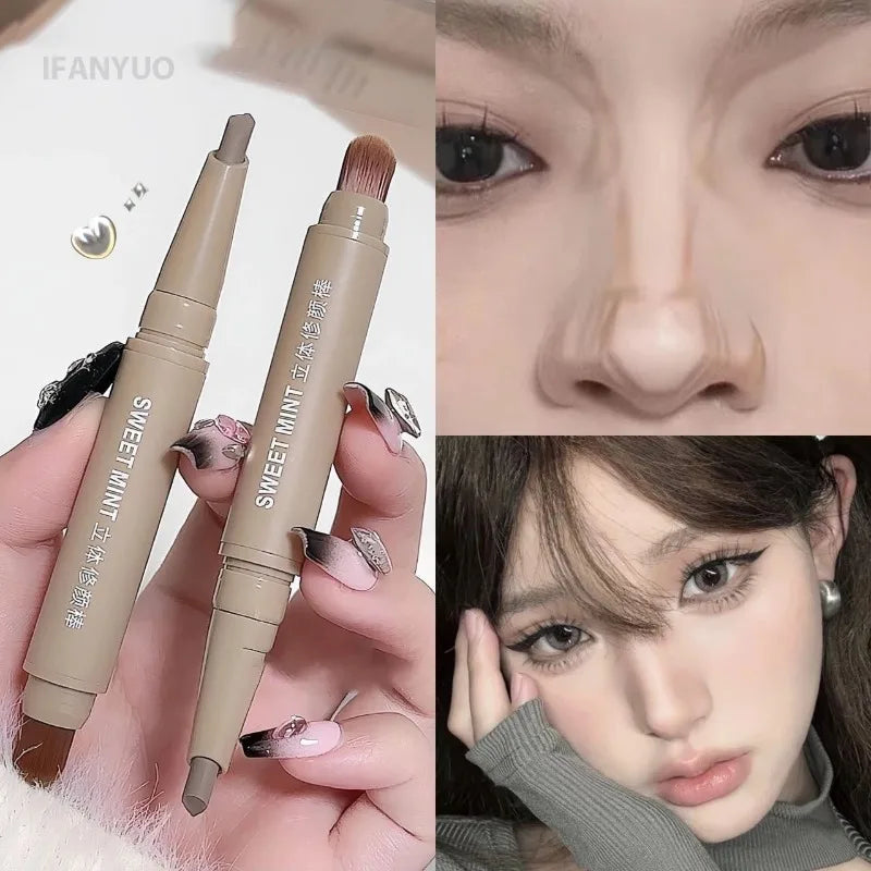 Contour Pen Double Head Bronzer Stick with Brush Nose Shadow Cream Contouring Pen Waterproof Natural Sculpting Makeup Cosmetics