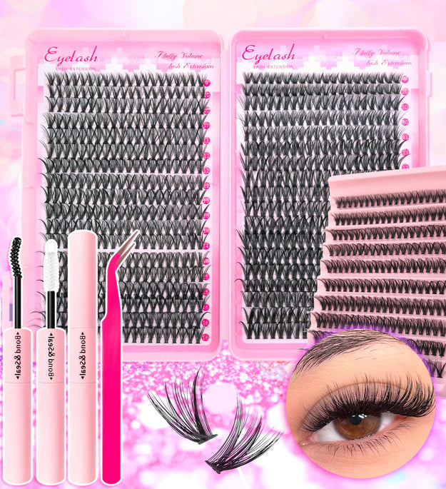 720/200pcs eyelash Extension Kit Fluffy Eyelash Extension kit with Lash Bond and Seal Lash Tweezers Thick Lash Clusters Wispy
