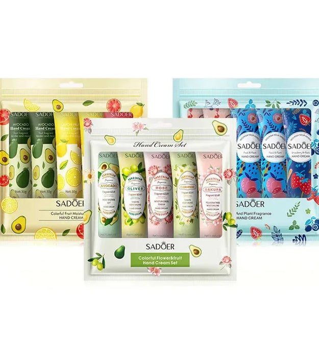 5Pcs/set SADOER Fruit Plant Fragrance Hand Cream Sets Moisturizing Repair Anti Dry Hand Lotion Sets Hands Skin Care Products