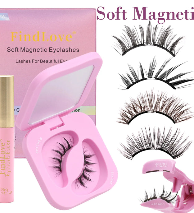 FindLove Soft Magnetic Lashes Reusable Magnetic Eyelash Extension Set With Wearing Clip Eyelash Styling Gel Natural Soft Lashes