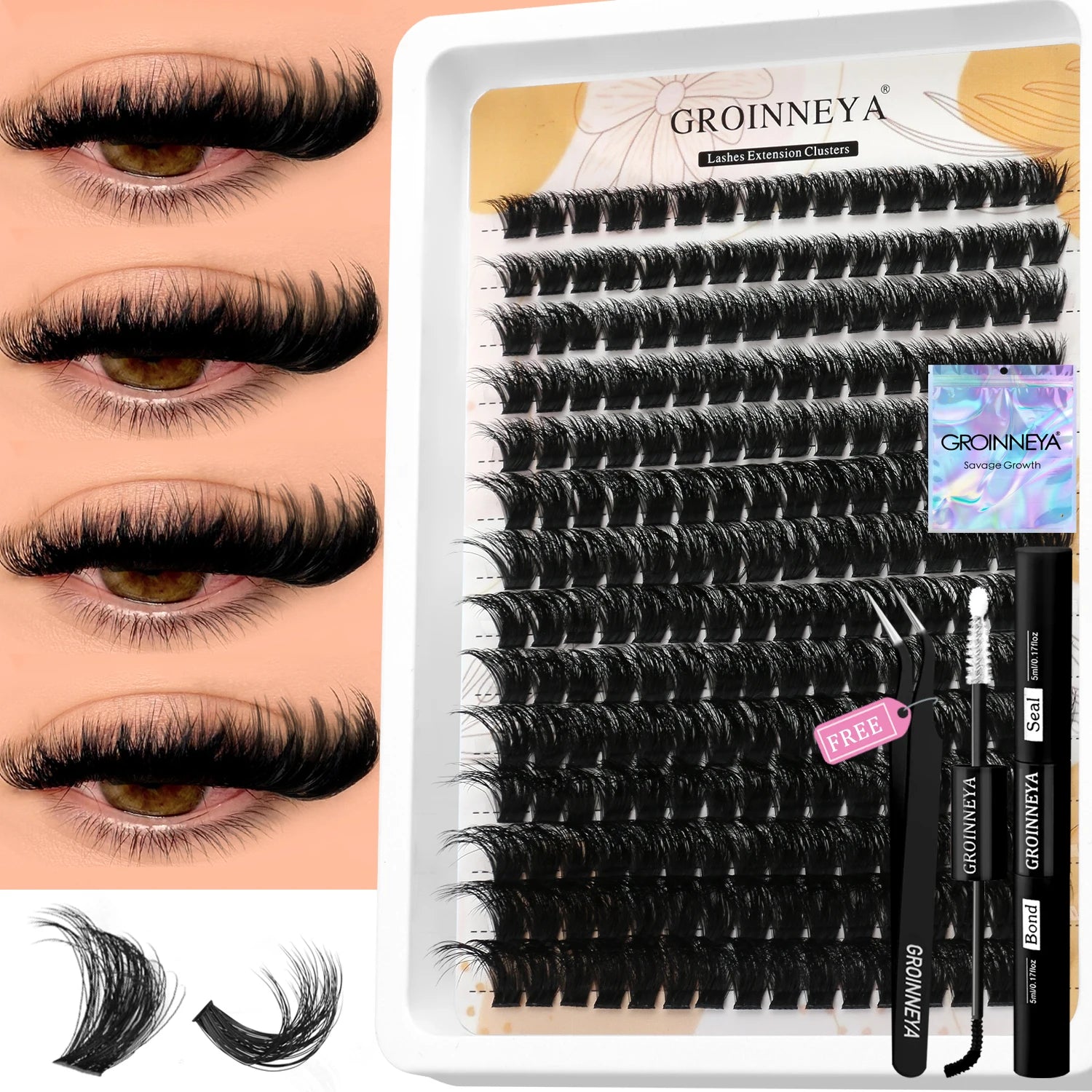 GROINNEYA Lash Clusters Kit With Waterproof Strong Hold DIY Lash Extension Kit Lash Bond And Seal And Eyelash Tweezers Makeup