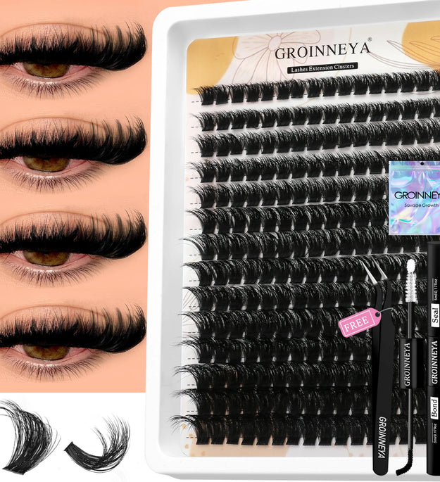 GROINNEYA Lash Clusters Kit With Waterproof Strong Hold DIY Lash Extension Kit Lash Bond And Seal And Eyelash Tweezers Makeup
