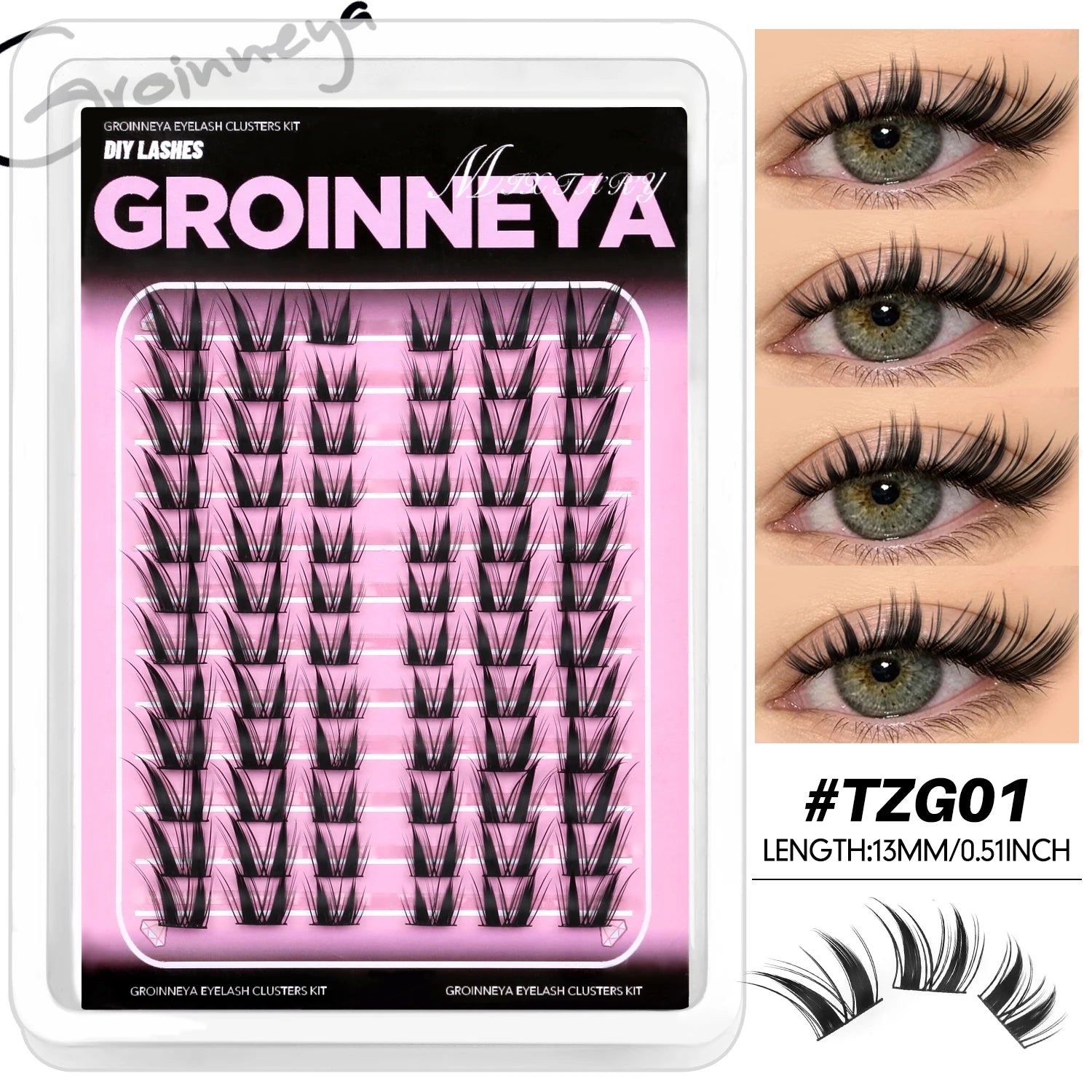 GROINNEYA Cat Lashes Clusters Winged End Eye Elongated Eyelashes Soft Natural Lashes Wispy False Eyelashes Curly lashes Makeup