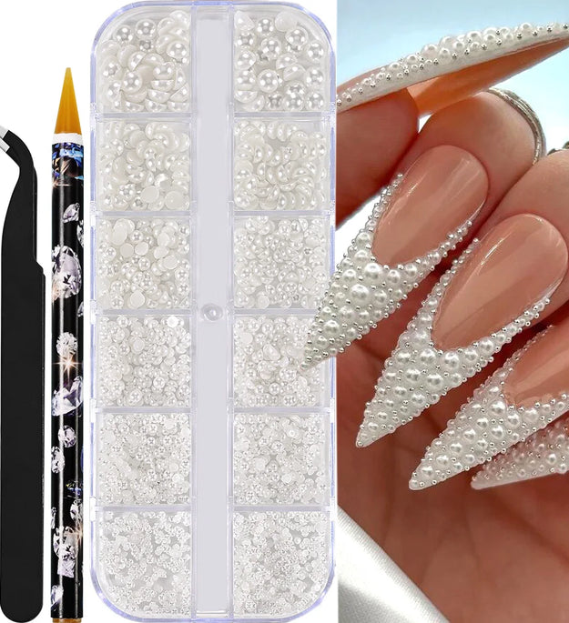 12grids Half Round Pearls Beads 3D Nail Charms 1.5/2/2.5/3/4/5mm White Flatback Pearls Nail Jewelry Nail Craft Pearl Rhinestones