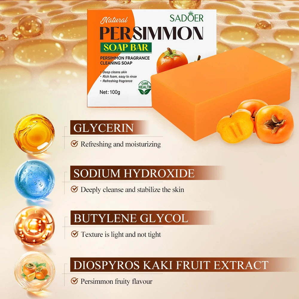 1/2PCS Persimmon Cleansing Soap Bar With Foaming Net Body Care Face Wash Exfoliating Whitening Soap Fruit Handmade Shower Soap