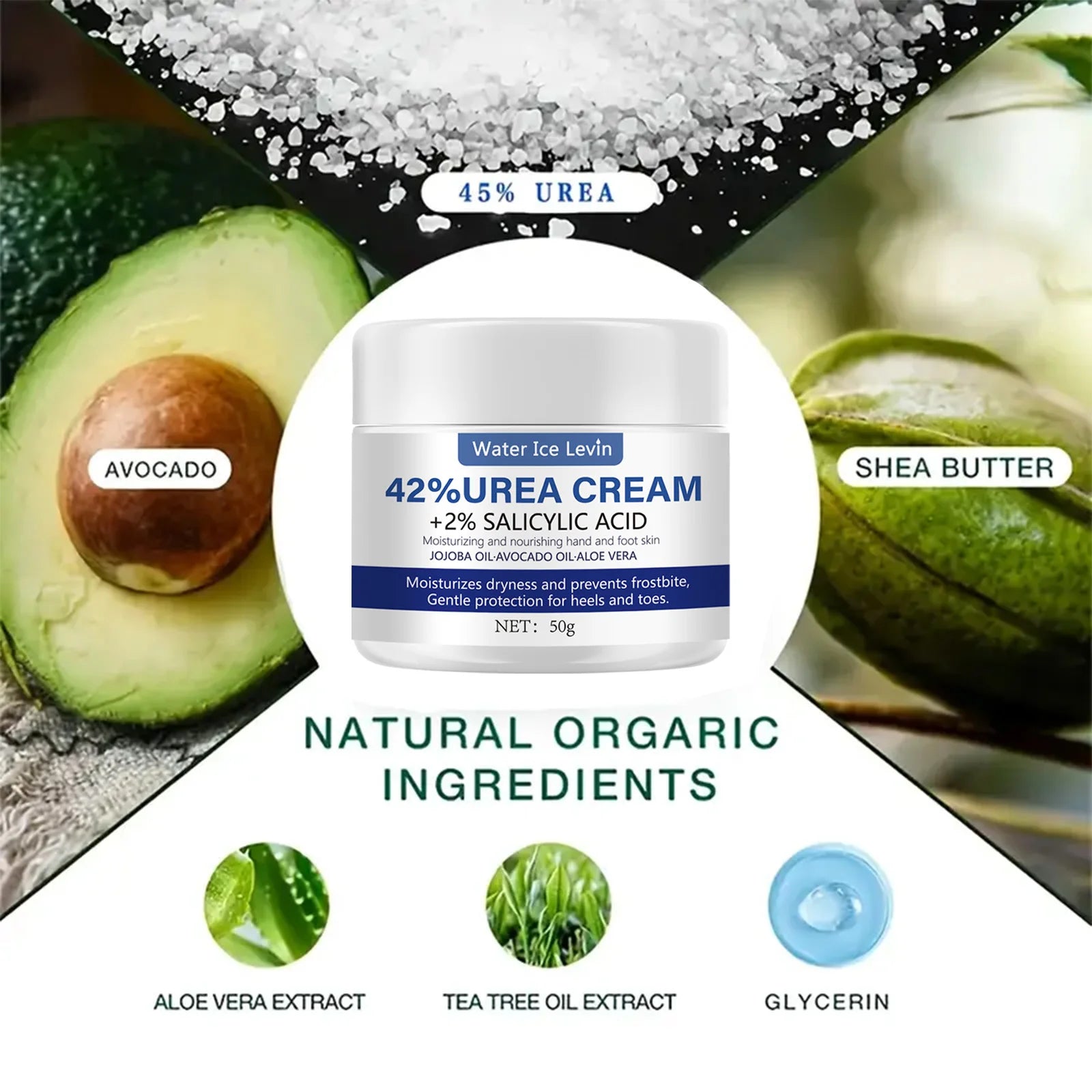 50g Ultra Moisturizing 42% Urea Aloe Vera Foot Cream - gentle exfoliating daily foot moisturizer