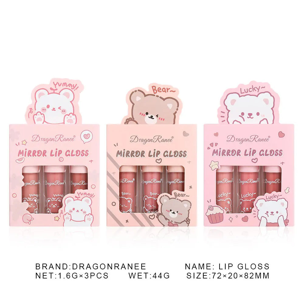 Dragon Ranee 3 colors doe lip glass hydrating mirror lip glaze moisturizing pearl with flash cartoon lip gloss set