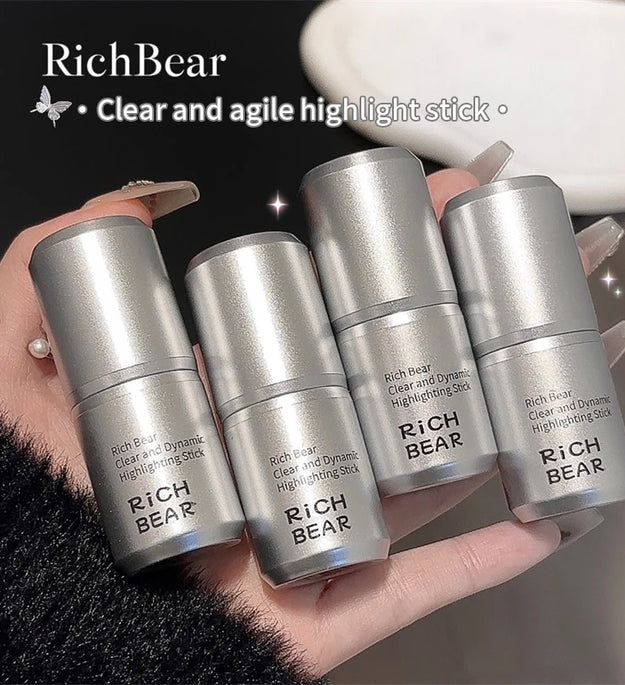 Rich Bear Highlighter Stick - Dewy Finish, Contour & Blush 3-in-1, Natural Glow with Fine Shimmer, Affordable Makeup Stick