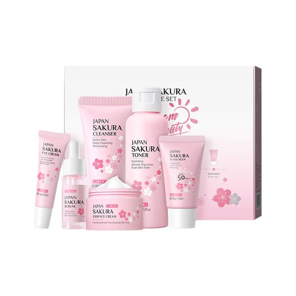 6pcs/Set Sakura Skin Care Sets Face Cream Serum Toner Facial Cleanser Sunscreen Eye Cream Face Skin Care Set Product Gift box - BlissFully