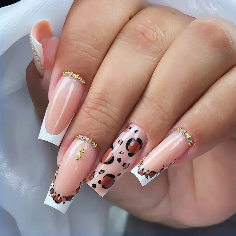 24Pcs Long Square Press on Nails Leopard Print French 3D Cherry Design False Nail Rhinestone Wearable Full Cover Fake Nails Tips