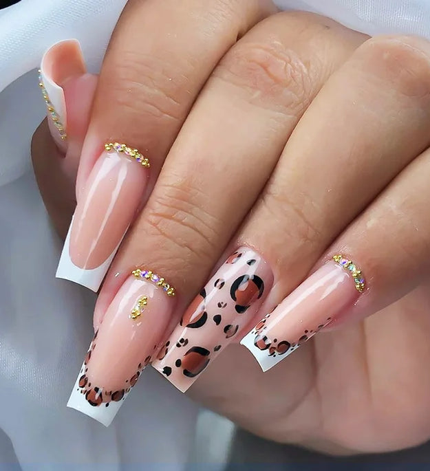 24Pcs Long Square Press on Nails Leopard Print French 3D Cherry Design False Nail Rhinestone Wearable Full Cover Fake Nails Tips