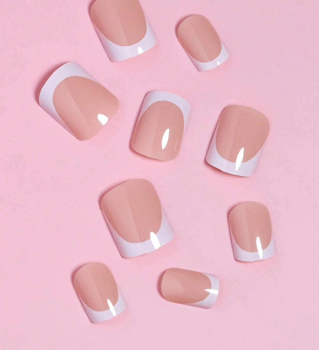 24pcs/set short square fake nails for women cute bride heart white french tips faux ongles y2k press on false nail supplies