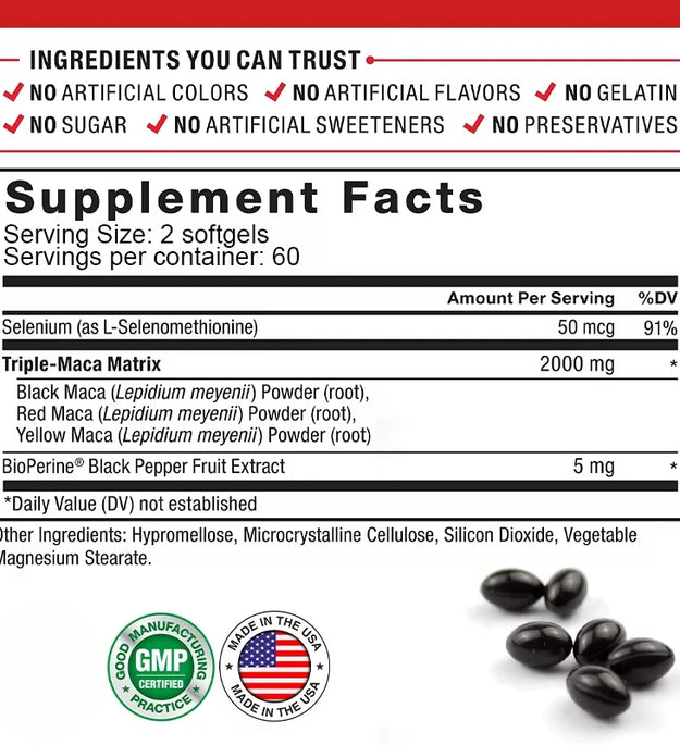 Maca Root Capsules for Men and Women To Maximize Vitality and Performance Made with Black Maca, Red Maca and Yellow Maca Powders