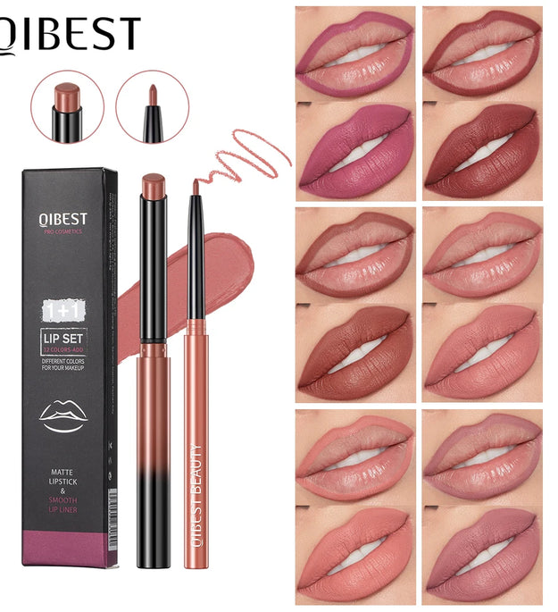 QIBEST 2pcs Lipstick Lipliner Pen Set Matte Velvet Lip Liner Pencil Contour Makeup Sexy Red Lip Stick Long Lasting Cosmetics