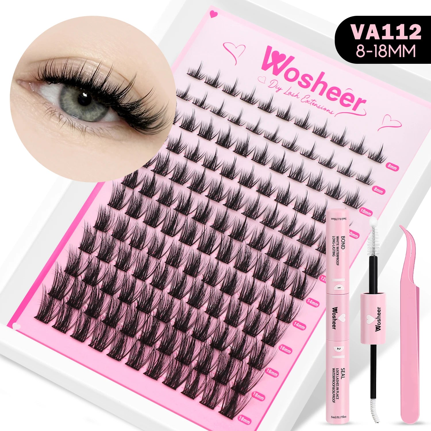 WOSHEER Manga Lash Clusters Kit Cat Lashes with Lash Bond & Seal Cluster Eyelash Extensions Mixed Tray Eyelash Clusters Kit
