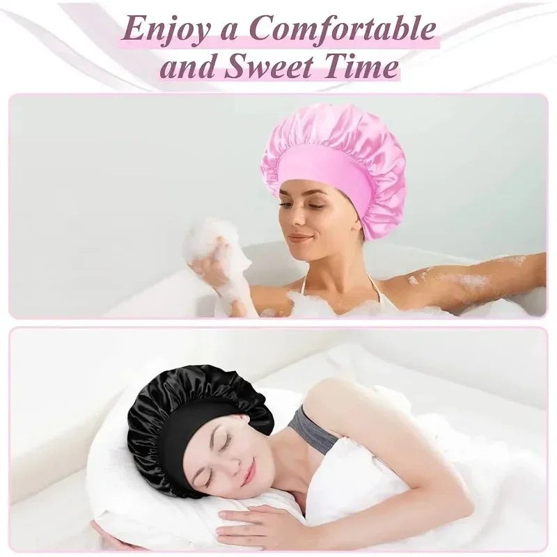 1pcs Soft Silk Satin Lined Bonnet Large Satin Hair Bonnet Household Sleep Shower Cap Hair Wrap Cover for Long Hair Salon Tool - BlissFully