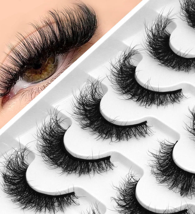 GROINNEYA Fake Lashes Fluffy Cat Eye Lashes 8D Fluffy Volume False Eyelashes D Curl Dramatic Thick Full Strip Faux Mink Lashes
