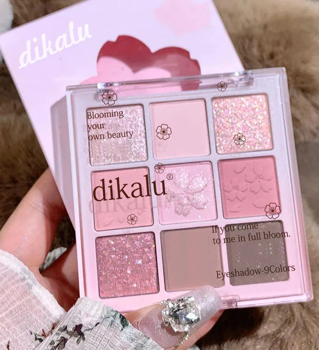 DIKALU 9-Color Sakura Eyeshadow Palette Glitter Matte Low Saturation Pink Brown Nude Makeup Shimmer Eye Pigments Long Lasting