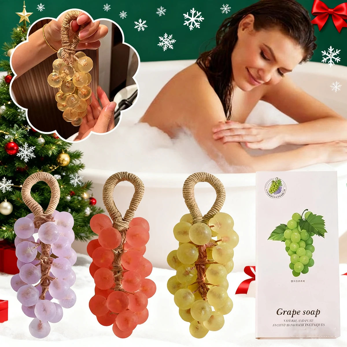 Grape Soap on a Rope with Box Christmas Gift, Handmade Grape Cluster Shape Soap Bar, Aromatic Bath Hand Wash Gift Home Decor