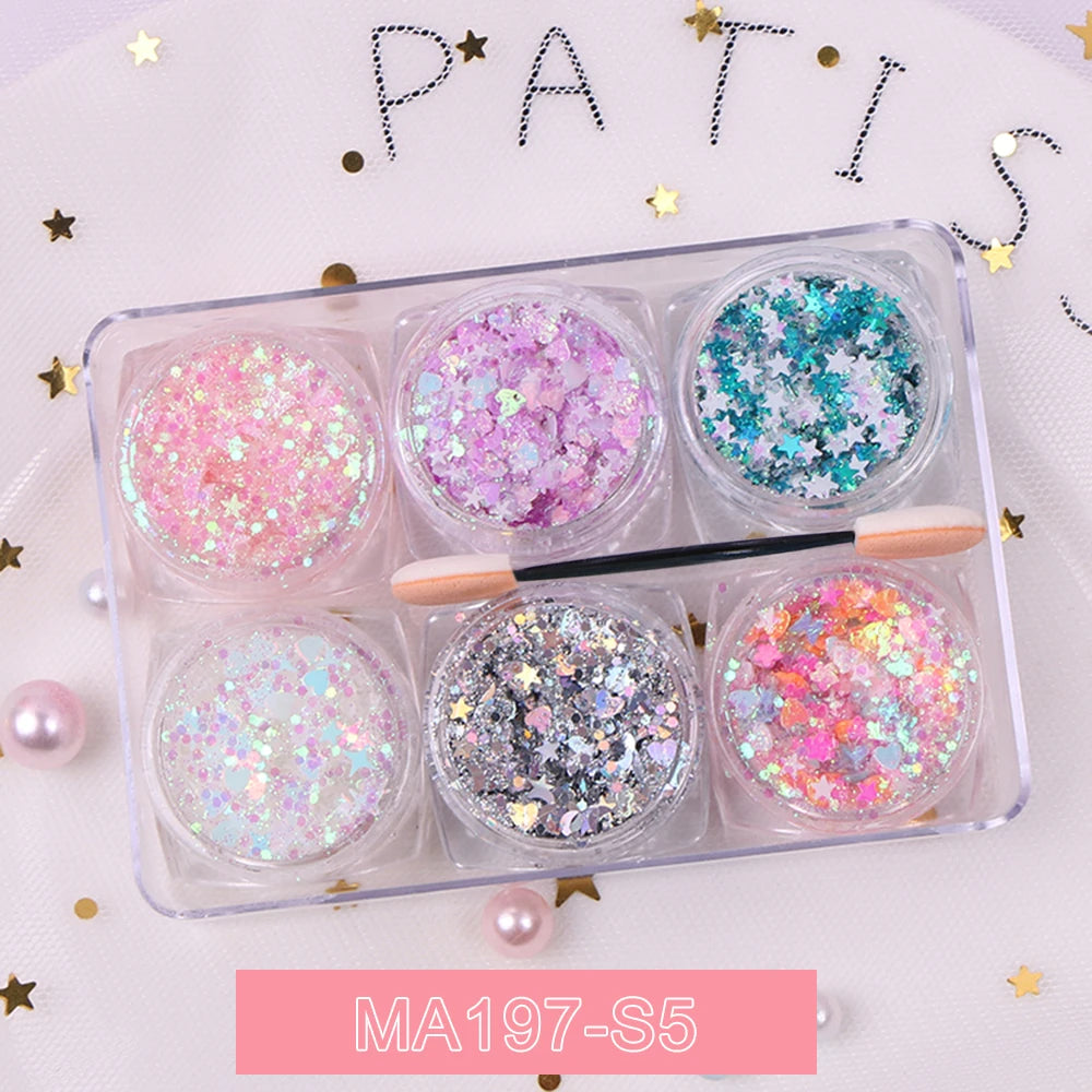 6Jars/Set Face Eye Body Hair Nail Glitter Sequins Sparkling Heart/Star/Hexagon Eyeshadow Flakes for Christmas Party Makeup Decor