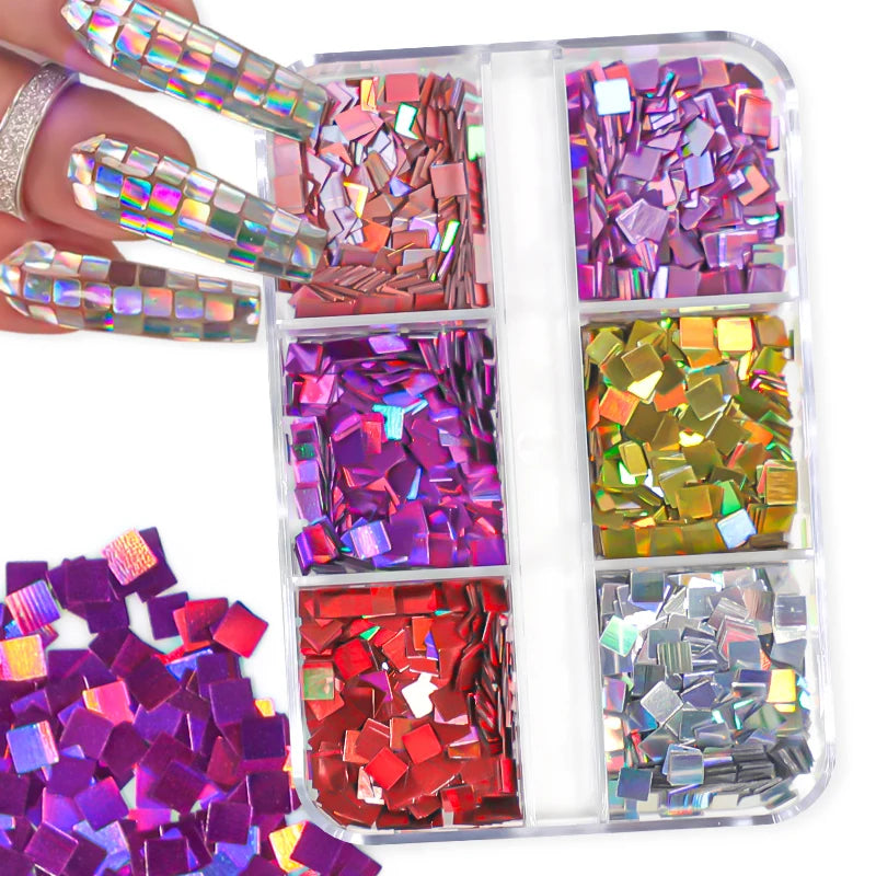 6Grids Holographic Square Nail Art Glitter Sequins Laser Ball Decoration Flakes Manicure Nails Supplies Professional Accessories