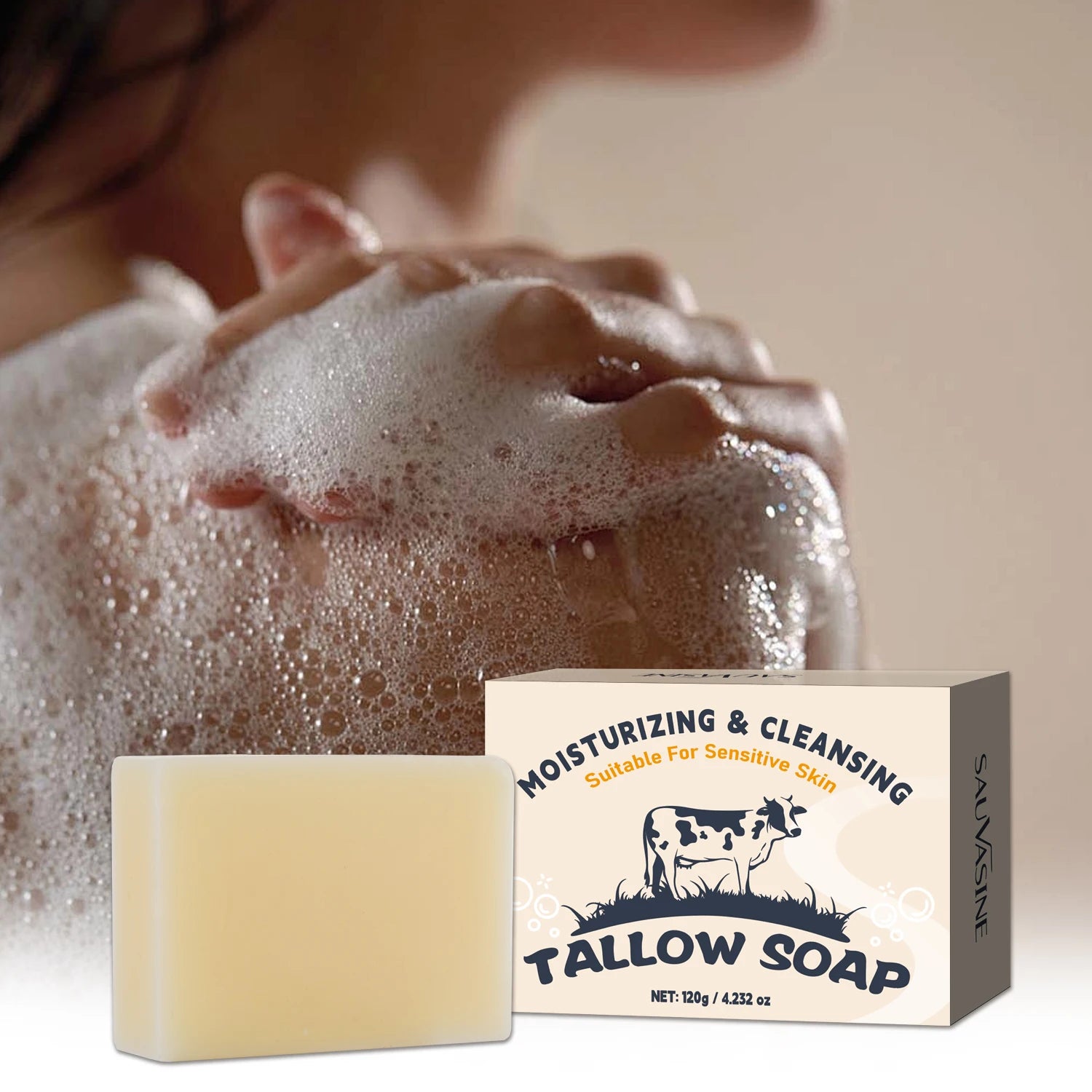 120g Handmade Beef Tallow Soap Bar Face & Body Wash Skin Moisturizer Smooth Natural Grass Fed Tallow Soap for Sensitive Skin