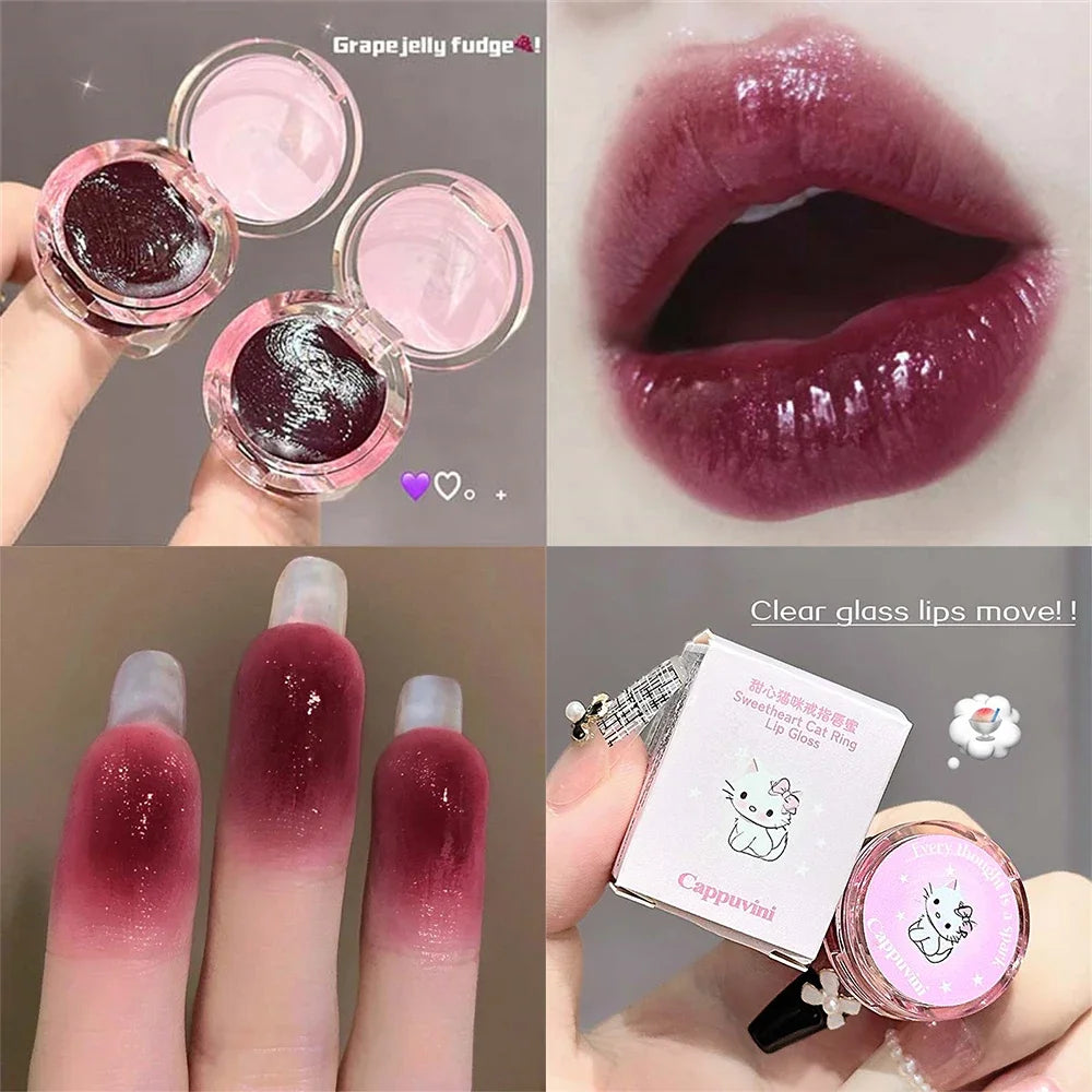 Crystal Grape Mirror Glassy of Cute Ring Lipstick Hydrating Sheer Glitter Tint Lip Balm Non-Sticky Plumper Lip Gloss Makeup