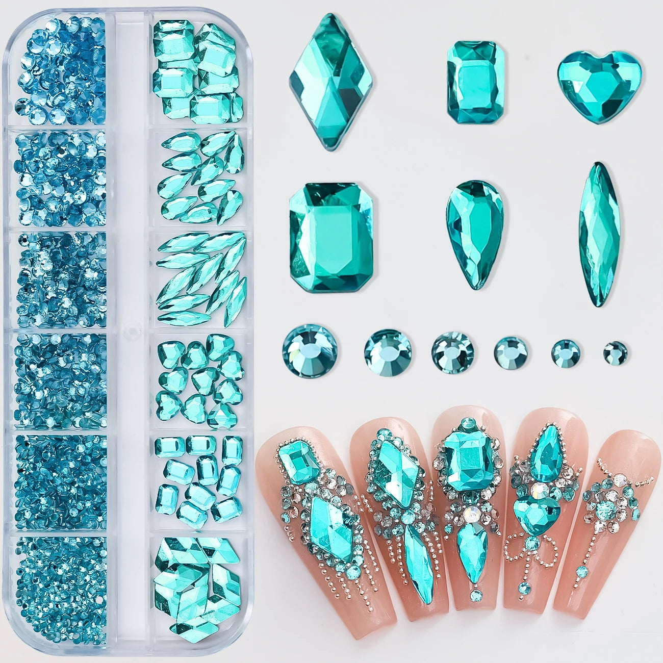 12Grids SS6-SS30 Mixed Nail Rhinestones Shiny Clear/Gold/Pink/Blue Diamond Flat-back Nail Gems Glass Stones Nails Decoration