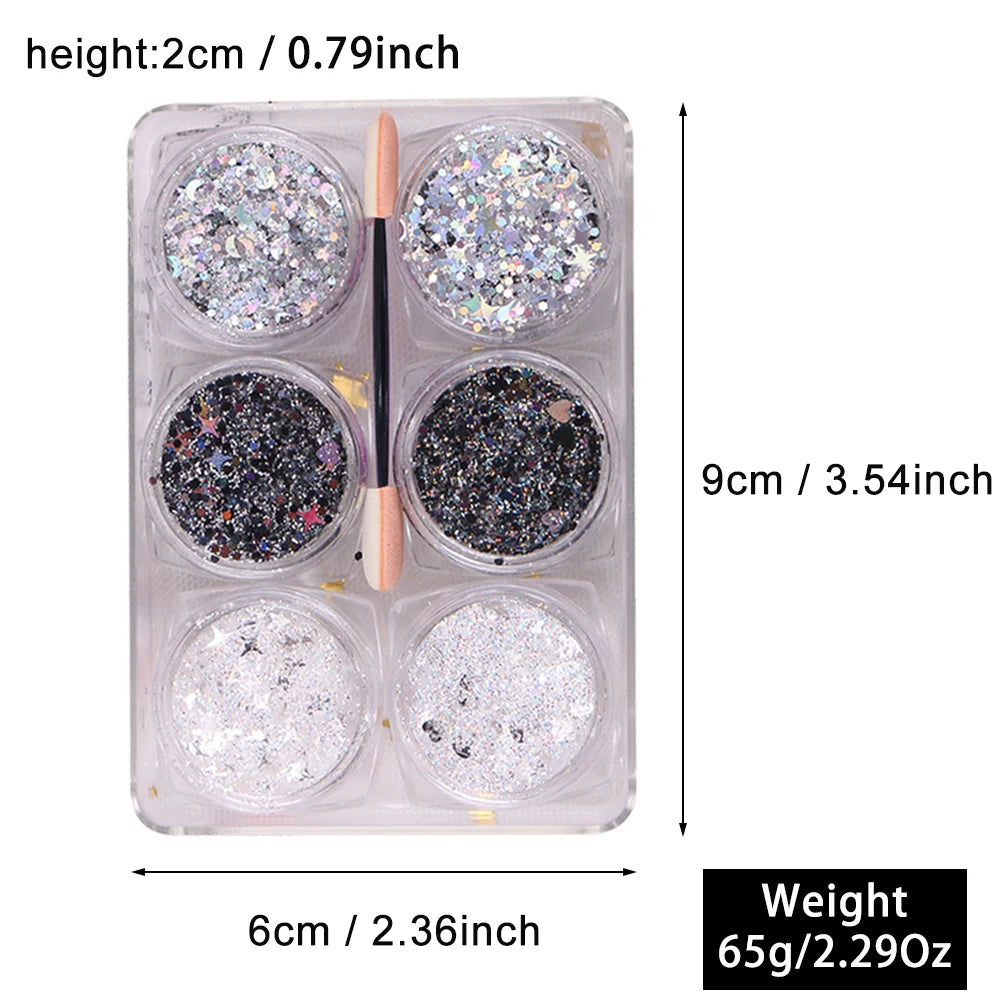 6Jars/Set Face Eye Body Hair Nail Glitter Sequins Sparkling Heart/Star/Hexagon Eyeshadow Flakes for Christmas Party Makeup Decor