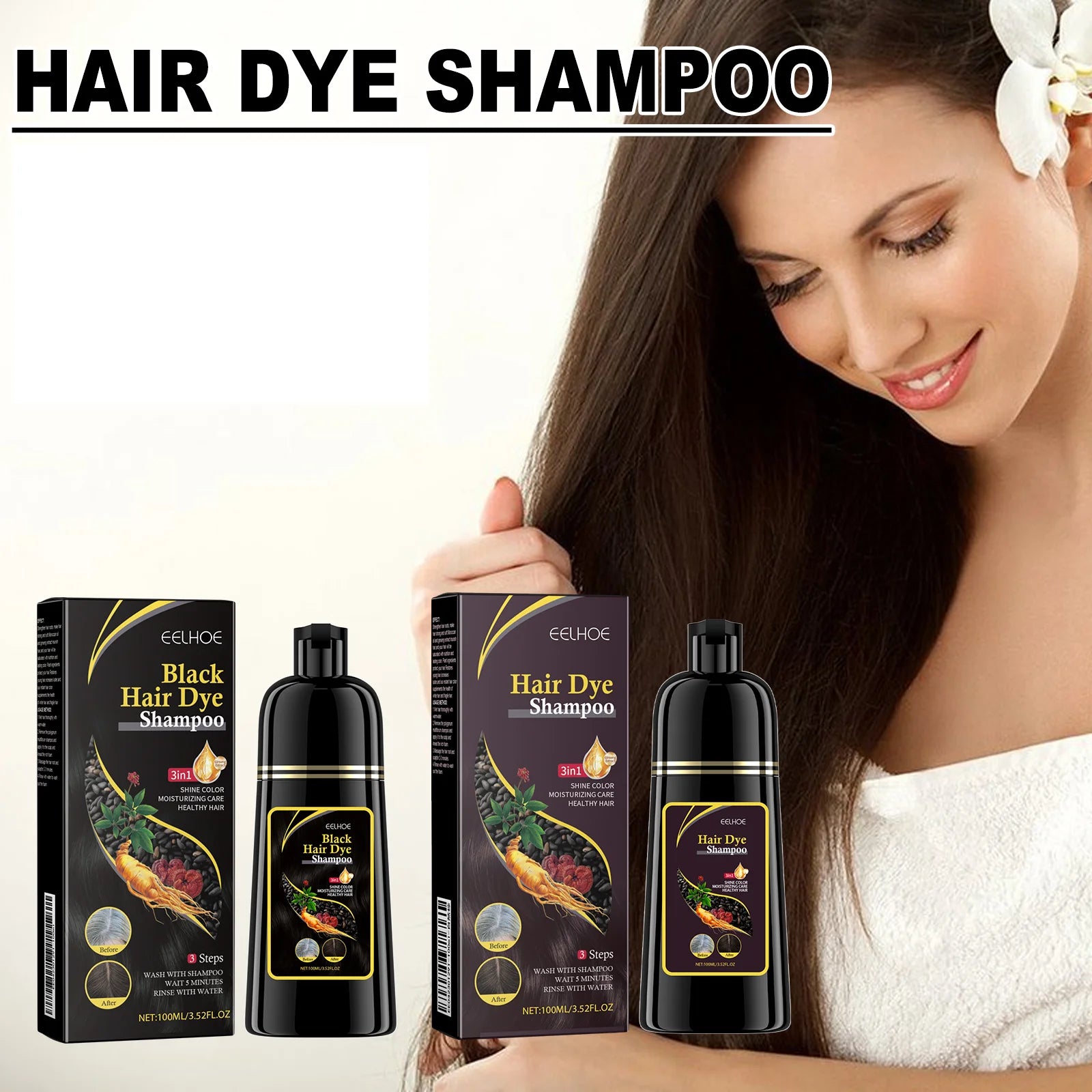 EELHOE 100ml Natural Plant Hair Dye Shampoo 3 in 1 Hair Color Shampoo for Gary Hair Quick Dark Black And Women Men Grey Coverage - BlissFully