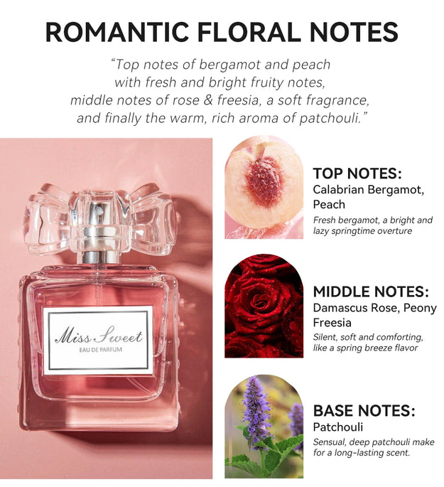 50ML 1.7FL.OZ Long-lasting Perfumes for Women, Romantic Floral Notes Eau de Parfum, Peach, Bergamot, Rose, Patchouli Fragrance